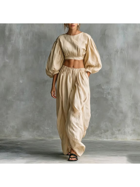 Women Plus Size 2 Piece Puff Sleeve Crop Top Wide Leg Pants Set Casual Boho Vacation Outfits Loose Summer Travel Matching Lounge Clothes, Beige S