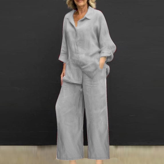Cagogo Women Plus Size 2 Piece Set Casual Collared Long Sleeve Shirt Wide Leg Pants Solid Basic Lounge Outfits Cruise Travel Airport Clothes, Gray L