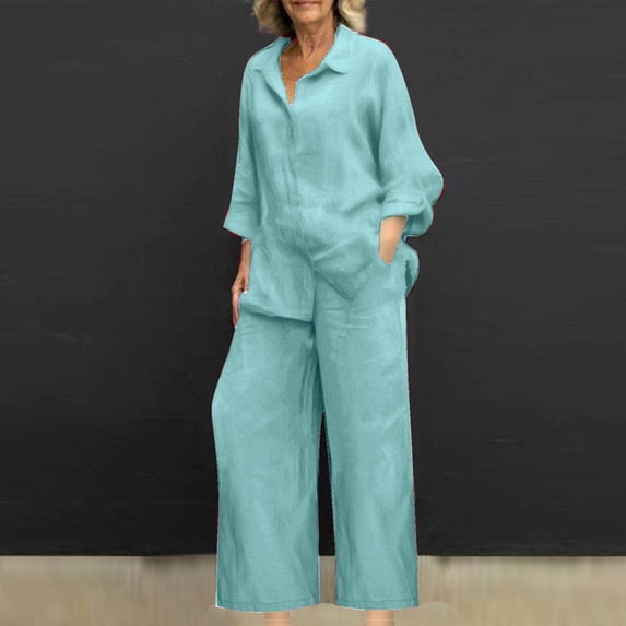 Cagogo Women Plus Size 2 Piece Set Casual Collared Long Sleeve Shirt Wide Leg Pants Solid Basic Lounge Outfits Cruise Travel Airport Clothes, Green M