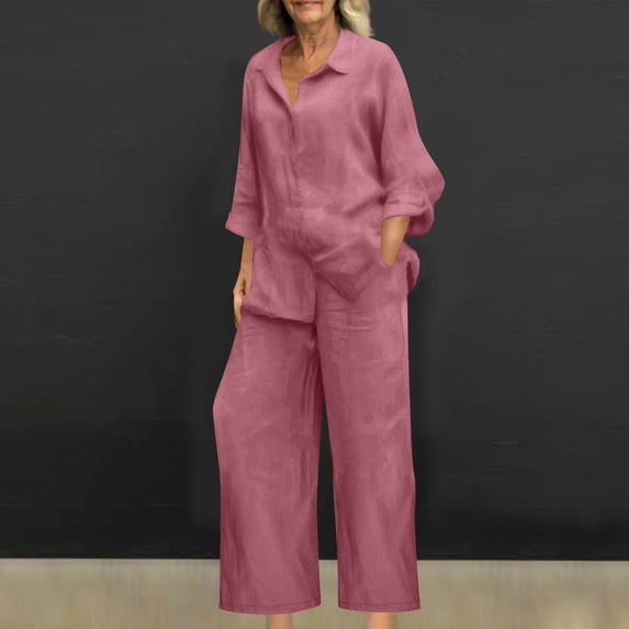 Cagogo Women Plus Size 2 Piece Set Casual Collared Long Sleeve Shirt Wide Leg Pants Solid Basic Lounge Outfits Cruise Travel Airport Clothes, Pink 5XL
