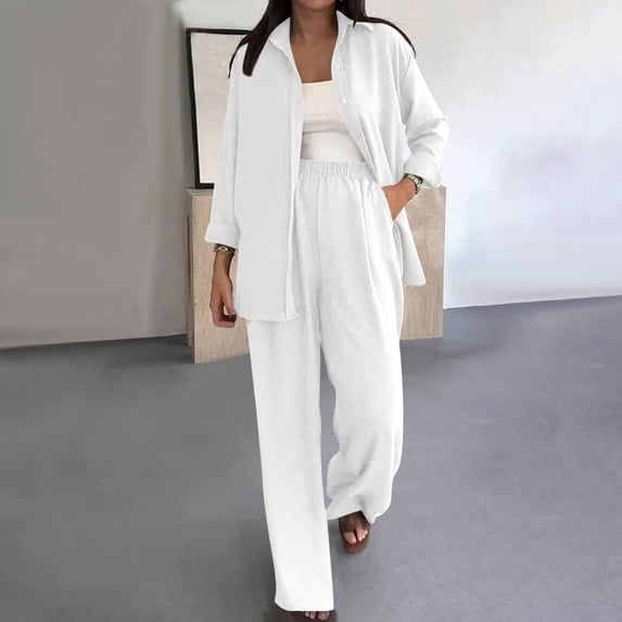 Cagogo Women Plus Size 2 Piece Set Casual Long Sleeve Shirt Wide Leg Pants Solid Business Travel Outfits Loose Collared Tops Comfy Matching Lounge Work Attire, White 4XL