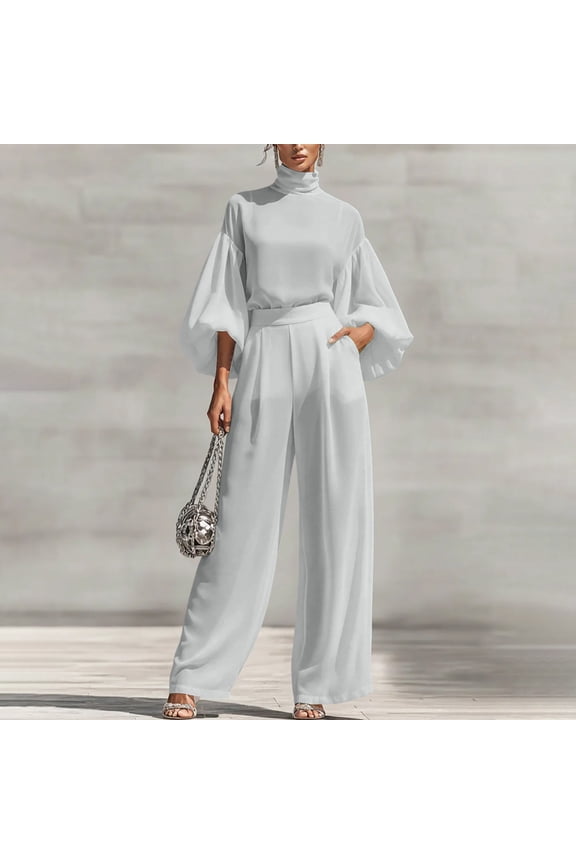 Women Plus Size 2 Piece Set High Neck Puff Sleeve Top Pants Suit Solid Boho Casual Summer Travel Outfits Loose Fit Lounge Sets Tracksuits, Gray L