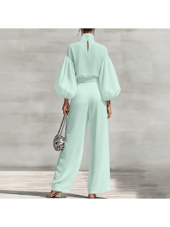 Women Plus Size 2 Piece Set High Neck Puff Sleeve Top Pants Suit Solid Boho Casual Summer Travel Outfits Loose Fit Lounge Sets Tracksuits, Green S