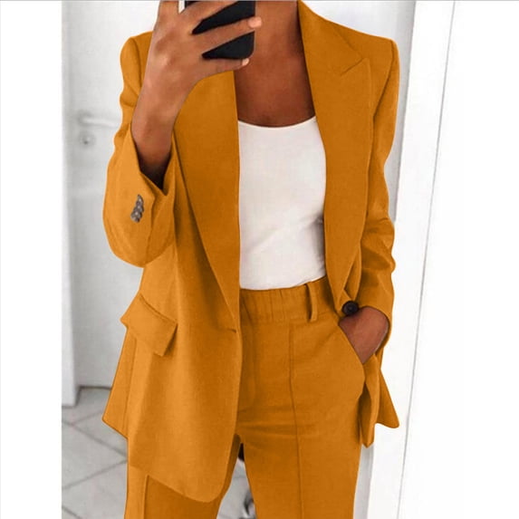 Cagogo Women Plus Size 2 Piece Set Open Front Long Sleeve Blazer Elastic Waisted Pants Casual Business Office Lounge Outfits Solid Matching Travel Clothes, Yellow 3XL