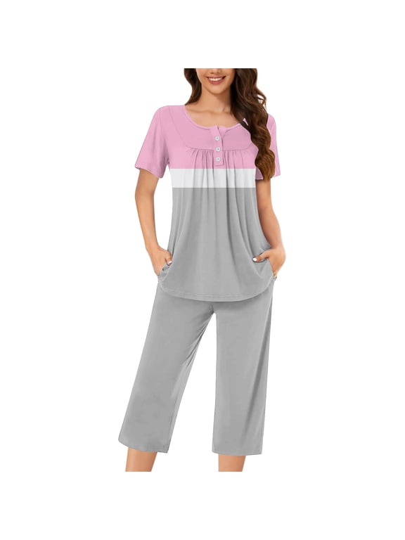 Women Plus Size 2 Piece Set Round Neck Short Sleeve Tshirt Crop Capris Casual Lounge Sets Solid Matching Outfits Summer Cruise Airport Travel Clothes, Watermelon Red 3XL