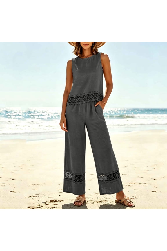 Women Plus Size 2 Piece Set Round Neck Sleeveless Tank Top Wide Leg Pants Casual Summer Boho Outfits Matching Lounge Sets Travel Airport Clothes Tracksuits, Gray 2XL