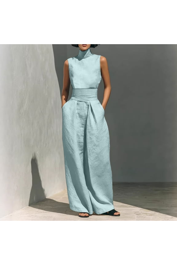 Women Plus Size 2 Piece Set Sleeveless Turtleneck High Neck Loose Casual Boho Beach Outfits Solid Wide Leg Pants Matching Lounge Sets Summer Cruise Travel Airport Clothes, Blue S