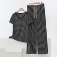 thumbnail image 1 of Cagogo Women Plus Size 2 Piece Set Striped V Neck Short Sleeve Tshirt Wide Leg Pants Casual Loose Matching Lounge Outfits Cruise Travel Clothes Airport Summer, Gray 5XL, 1 of 5