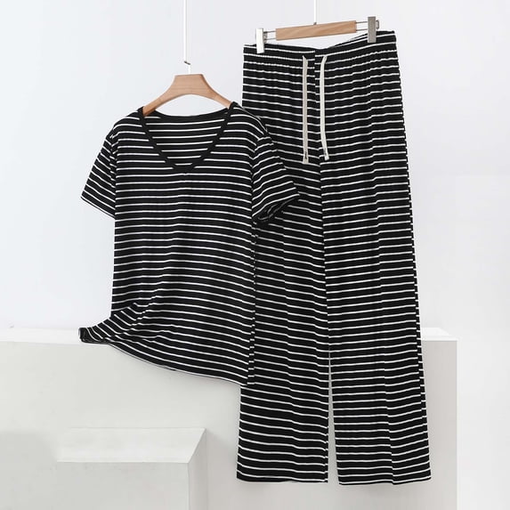 Cagogo Women Plus Size 2 Piece Set Striped V Neck Short Sleeve Tshirt Wide Leg Pants Casual Loose Matching Lounge Outfits Cruise Travel Clothes Airport Summer, Gray 5XL