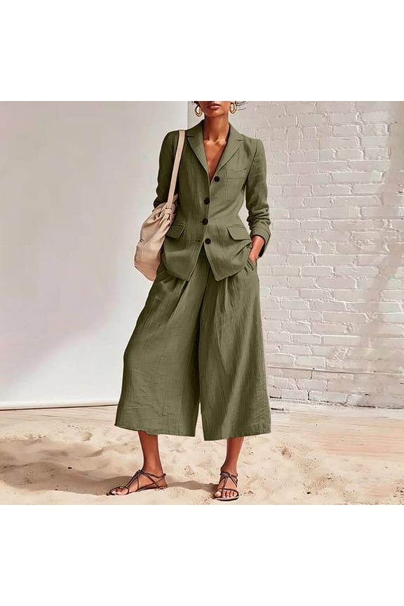 Women Plus Size 2 Piece Set V Neck Long Sleeve Blazer Wide Leg Pants Matching Casual Outfits Solid Basic Lounge Suits Business Travel Office Clothes, Army Green M