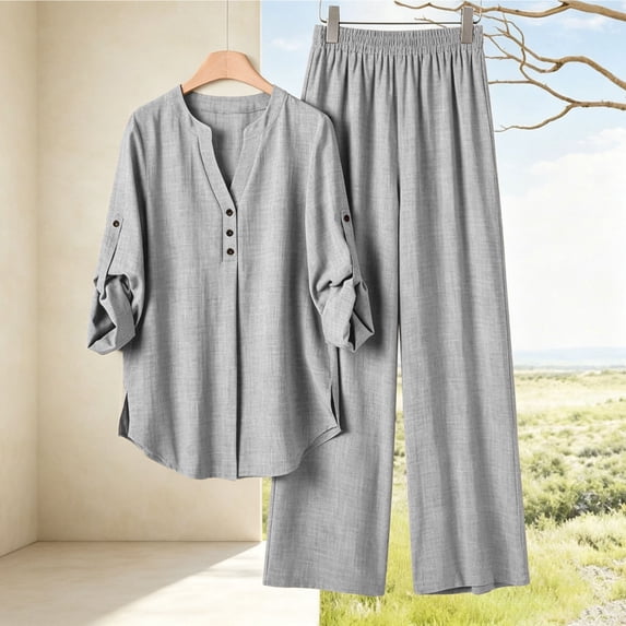 Cagogo Women Plus Size 2 Piece Set V Neck Long Sleeve Shirt Wide Leg Pants Casual Loose Outfits Solid Basic Matching Lounge Tracksuits Comfy Travel Airport Clothes, Gray S