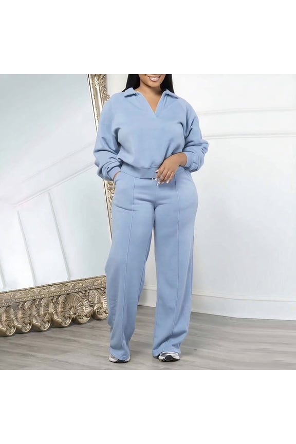Women Plus Size 2 Piece Set V Neck Long Sleeve Sweater Wide Leg Pants Casual Solid Loose Lounge Outfits for Spring Fall Daily Wear Travel Matching Clothes, Blue S