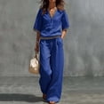 thumbnail image 1 of Cagogo Women Plus Size 2 Piece Set V Neck Short Sleeve Top Wide Leg Pants Casual Summer Boho Vacation Outfits Loose Matching Lounge Sets Tracksuits Travel Cruise Clothes, Blue 3XL, 1 of 7