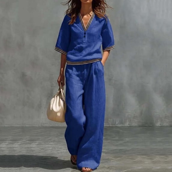Cagogo Women Plus Size 2 Piece Set V Neck Short Sleeve Top Wide Leg Pants Casual Summer Boho Vacation Outfits Loose Matching Lounge Sets Tracksuits Travel Cruise Clothes, Blue 3XL
