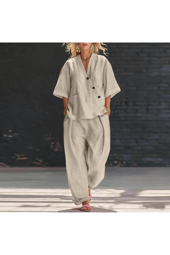 Women Plus Size 2 Piece Set V Neck Short Sleeve Top Wide Leg Pants Casual Summer Outfits Solid Boho Matching Lounge Sets Vacation Travel Clothes Tracksuits, Beige M