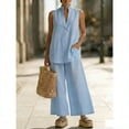 thumbnail image 1 of Cagogo Women Plus Size 2 Piece Set V Neck Sleeveless Tshirt Wide Leg Pants Casual Summer Outfits Loose Boho Streetwear Matching Lounge Set Tracksuit Travel Airport Clothes, Blue M, 1 of 6