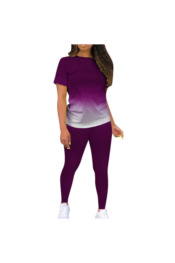 Women Plus Size 2 Piece Short Sleeve Tee and Leggings Set Casual Summer Outfits Elastic Waisted Pants Matching Lounge Sets Solid Basic T Shirt Travel Clothes, Purple XL