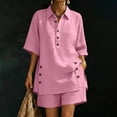 thumbnail image 1 of Cagogo Women Plus Size 2 Piece Shorts Set Casual Summer Cruise Outfits Loose Collared Short Sleeve Shirt Comfy Pants Matching Lounge Tracksuits Travel Airport Outfit Clothes, Pink XL, 1 of 7