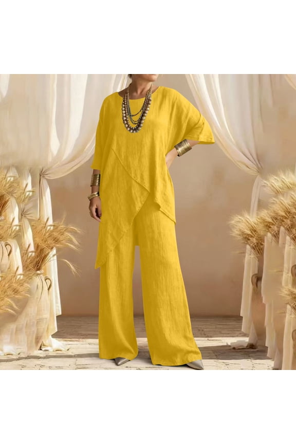 Women Plus Size 2 Piece Shorts Set Casual Summer Vacation Outfits Loose Round Neck Short Sleeve Tops Wide Leg Pants Matching Lounge Sets Travel Clothes Boho, Yellow 2XL