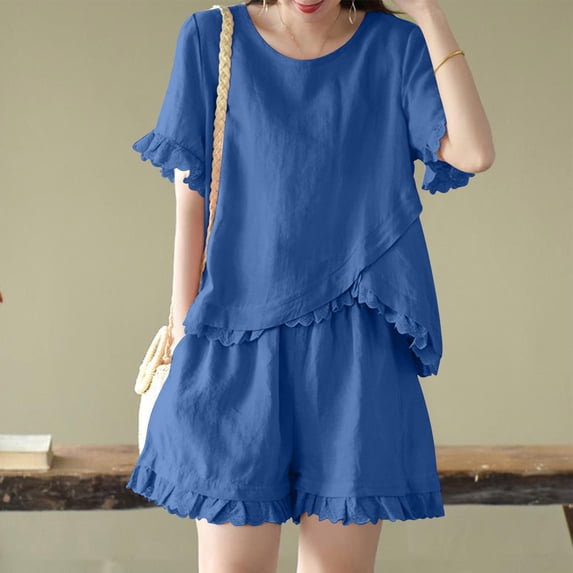 Cagogo Women Plus Size 2 Piece Shorts Set Round Neck Short Sleeve Tshirt Elastic Waisted Shorts Casual Summer Travel Outfits Loose Solid Matching Lounge Set Airport Clothes, Blue L