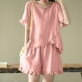 thumbnail image 1 of Cagogo Women Plus Size 2 Piece Shorts Set Round Neck Short Sleeve Tshirt Elastic Waisted Shorts Casual Summer Travel Outfits Loose Solid Matching Lounge Set Airport Clothes, Pink L, 1 of 6