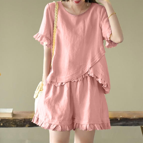 Cagogo Women Plus Size 2 Piece Shorts Set Round Neck Short Sleeve Tshirt Elastic Waisted Shorts Casual Summer Travel Outfits Loose Solid Matching Lounge Set Airport Clothes, Pink L