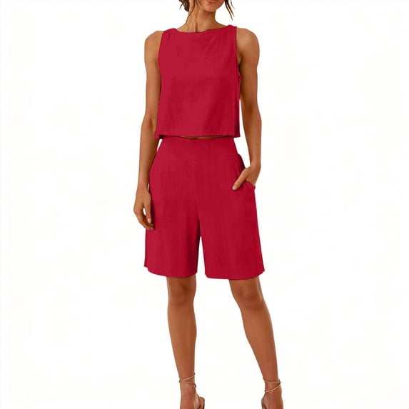 Cagogo Women Plus Size 2 Piece Shorts Set Round Neck Sleeveless Crop Top Casual Summer Outfits Loose Fit Matching Lounge Sets Tracksuits Travel Airport Clothes, Red M