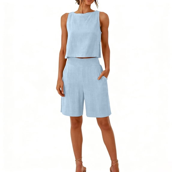 Cagogo Women Plus Size 2 Piece Shorts Set Round Neck Sleeveless Crop Top Casual Summer Outfits Loose Fit Matching Lounge Sets Tracksuits Travel Airport Clothes, Light Blue 2XL