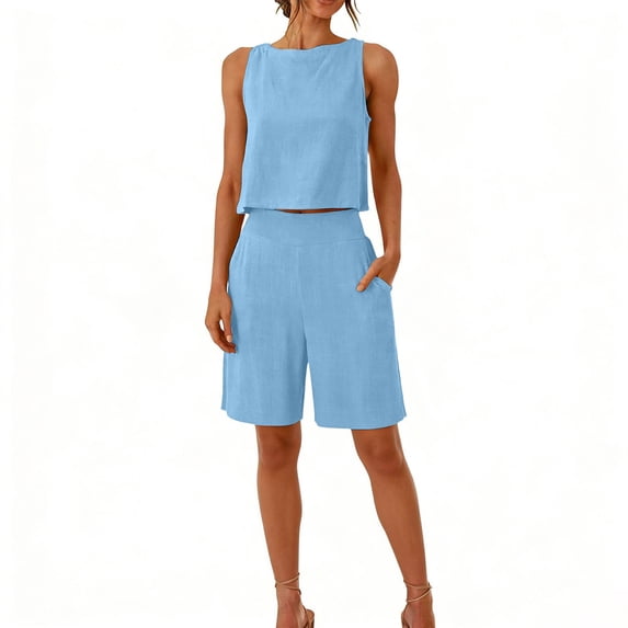 Cagogo Women Plus Size 2 Piece Shorts Set Round Neck Sleeveless Crop Top Casual Summer Outfits Loose Fit Matching Lounge Sets Tracksuits Travel Airport Clothes, Sky Blue S