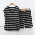 thumbnail image 1 of Cagogo Women Plus Size 2 Piece Shorts Set V Neck Short Sleeve Tshirt Elastic Waisted Shorts Loose Casual Lounge Sets Striped Summer Cruise Airport Outfit Clothes, Khaki XL, 1 of 5