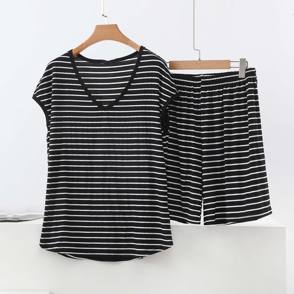 Cagogo Women Plus Size 2 Piece Shorts Set V Neck Short Sleeve Tshirt Elastic Waisted Shorts Loose Casual Lounge Sets Striped Summer Cruise Airport Outfit Clothes, Gray S