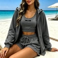 thumbnail image 1 of Cagogo Women Plus Size 3 Piece Outfits Round Neck Long Sleeve Hooded Jacket Crop Tank Top Elastic Waisted Drawstring Shorts Casual Lounge Sets Loose Workout Tracksuits Summer Travel Clothes, Gray XL, 1 of 5