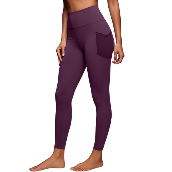 Cagogo Women Plus Size Active High Waisted Leggings with Pockets Quick Dry Sport Yoga Running Gym Training Tummy Control Workout Long Pants, Wine 2XL