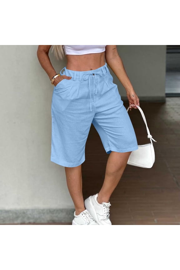 Women Plus Size Bermuda Pants High Waisted Shorts with Pockets Casual Solid Basic Vacation Loose Regular Fit Trousers for Summer Beach Lounge, Blue 2XL