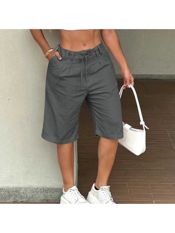 Women Plus Size Bermuda Pants High Waisted Shorts with Pockets Casual Solid Basic Vacation Loose Regular Fit Trousers for Summer Beach Lounge, Dark Gray XL