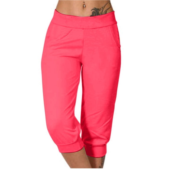 Cagogo Women Plus Size Capri Pants Elastic Waist Casual Cropped Pants with Pockets Solid Streetwear Activewear Lounge Trousers Summer Beach Work Clothes, Hot Pink 3XL