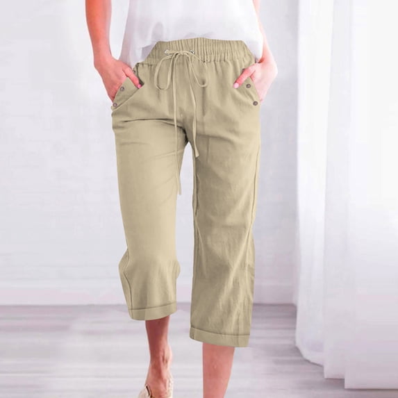 Cagogo Women Plus Size Capri Pants Elastic Waist Casual Loose Capri Pants with Pockets Solid Cropped Trousers Summer Beach Lounge Party Wear, Beige 4XL
