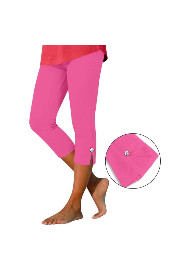 Women Plus Size Capri Pants Elastic Waist Stretch Casual Sporty Fit Cropped Leggings Solid Summer Lounge Work Trousers Travel Beach Clothes, Hot Pink M