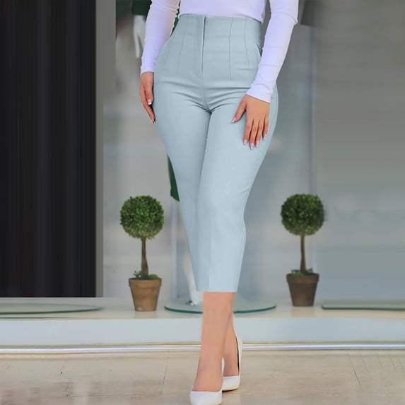 Cagogo Women Plus Size Capri Pants High Waisted Casual Solid Elegant Office Business Work Lounge Cropped Trousers Summer Beach Flow, Light Blue L