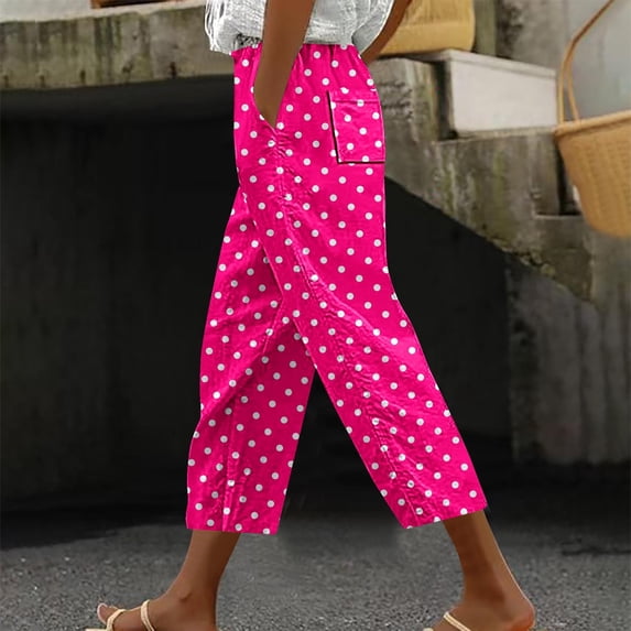 Cagogo Women Plus Size Capri Pants High Waisted with Pockets Polka Dot Casual Loose Summer Vacation Beach Lounge Trousers Cropped Elastic Waisted Pants, Red 4XL