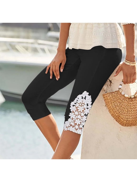 Women Plus Size Capri Pants High Waisted Solid Floral Streetwear Casual Active Fit Capri Leggings Loose Summer Trousers Beach Work Lounge, Black 2XL