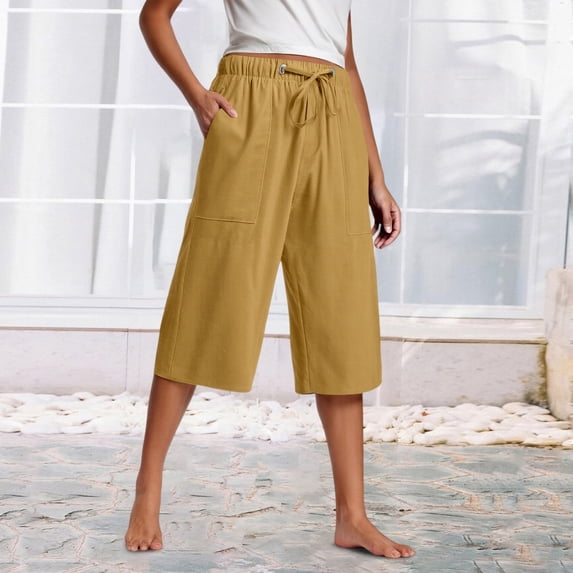 Cagogo Women Plus Size Capri Pants with Pockets Elastic Waist Loose Casual Lounge Yoga Travel Trousers Summer Beach Work Cropped Pants, Yellow S