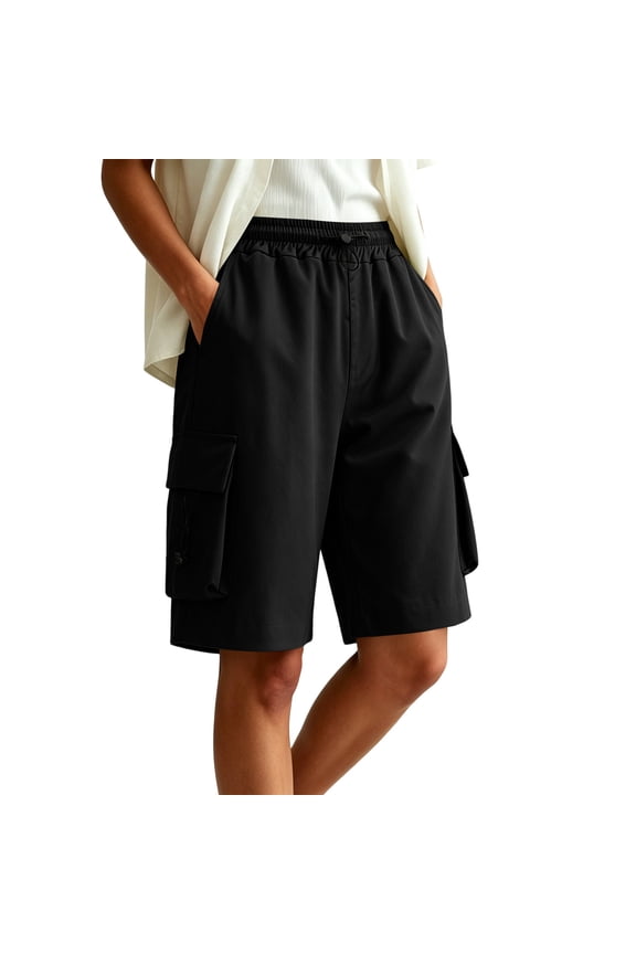 Women Plus Size Cargo Elastic Waist Bermuda Pants with Pockets Casual Loose Fit Vacation Shorts Summer Travel Beachwear, Black 3XL