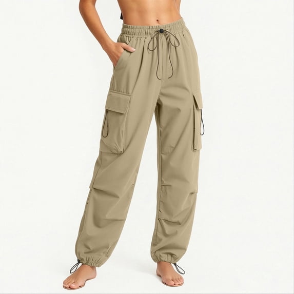 Cagogo Women Plus Size Cargo Pants Drawstring Loose Long Pants Casual Sporty Hiking Yoga Athletic Lounge Activewear, Khaki 4XL