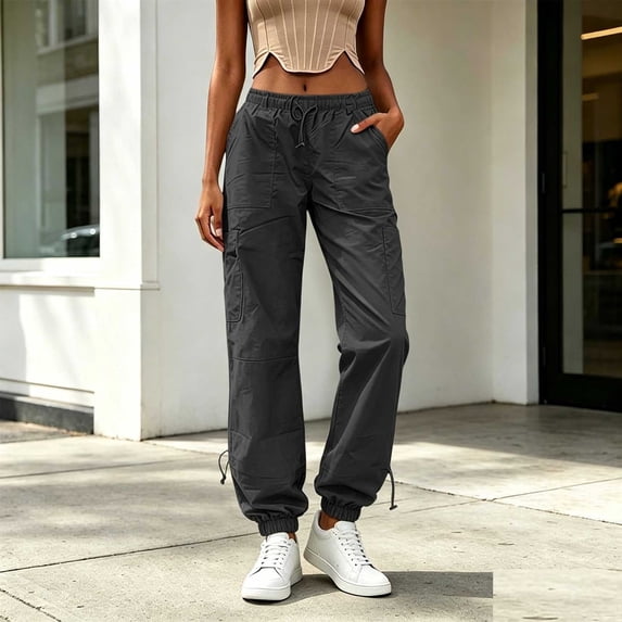 Cagogo Women Plus Size Cargo Pants Elastic Waist Flowy Casual Streetwear Active Long Pants Vacation, Black 2XL