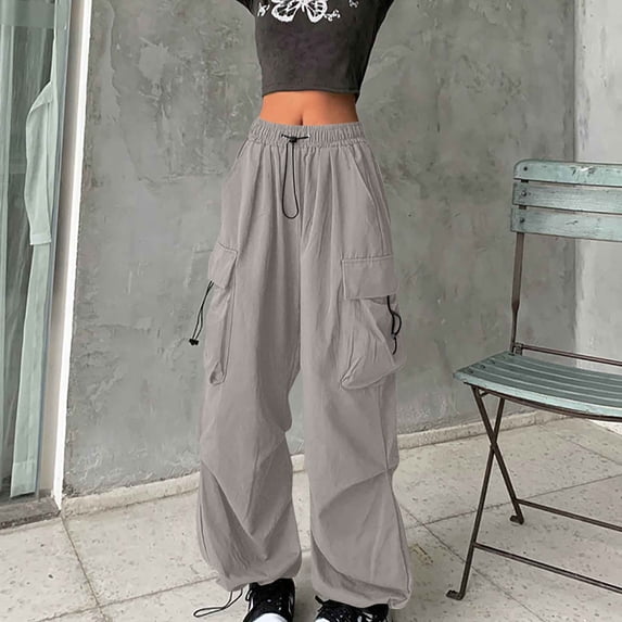 Cagogo Women Plus Size Cargo Wide Leg High Waisted Trousers with Pockets Casual Streetwear Loose Long Pants Comfortable Travel Work Trousers, Dark Gray M