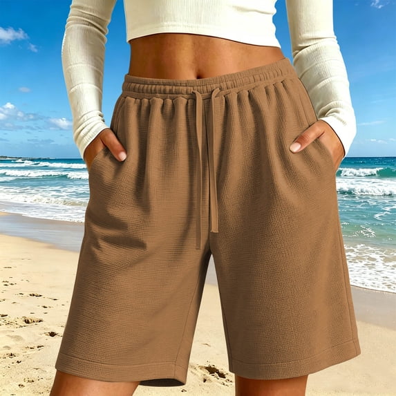 Cagogo Women Plus Size Drawstring Elastic Waist Shorts with Pockets Solid Casual Lounge Shorts Active Travel Summer, Coffee 4XL
