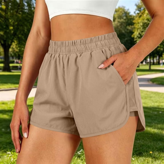 Cagogo Women Plus Size Elastic Waist Shorts with Pockets Quick Dry Sporty Running Yoga Workout Lounge Casual Athletic Bottoms, Beige M