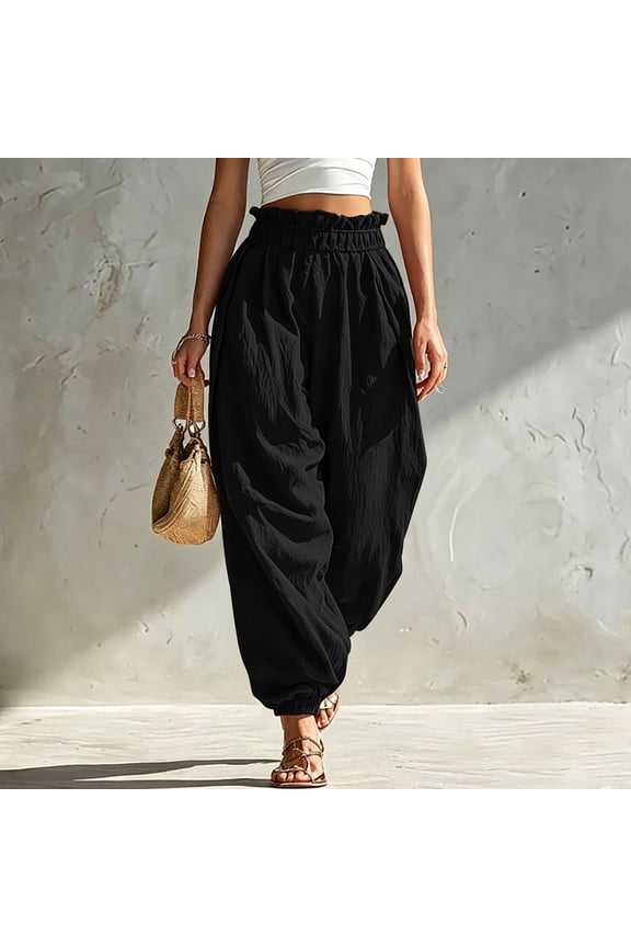 Women Plus Size Harem Pants Elastic Waist Flowy Casual Solid Boho Vacation Lounge Trousers Travel Loungewear Outfits, Black XL