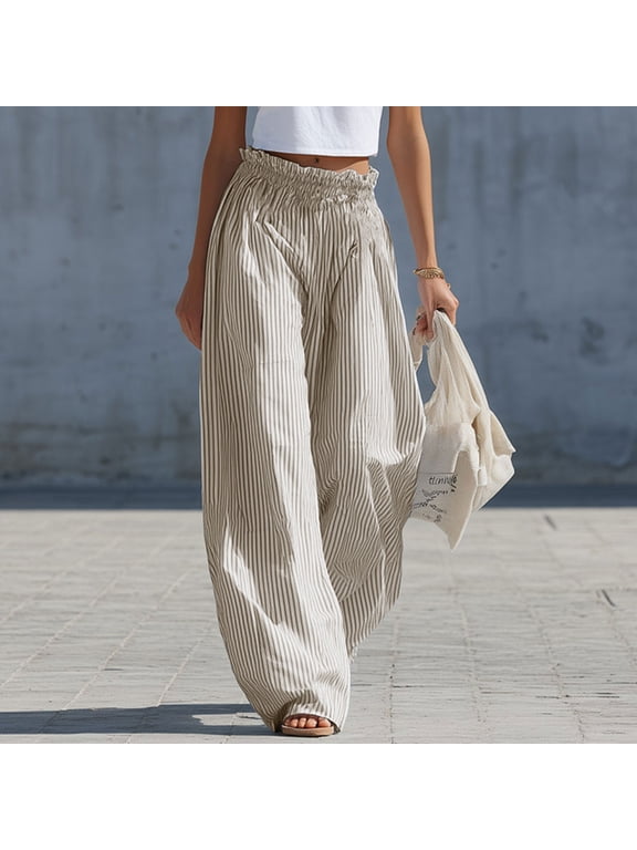 Women Plus Size Harem Pants Elastic Waist Flowy Striped Boho Vacation Lounge Wide Leg Cropped Palazzo Trousers Summer Travel Beach Casual, Coffee S